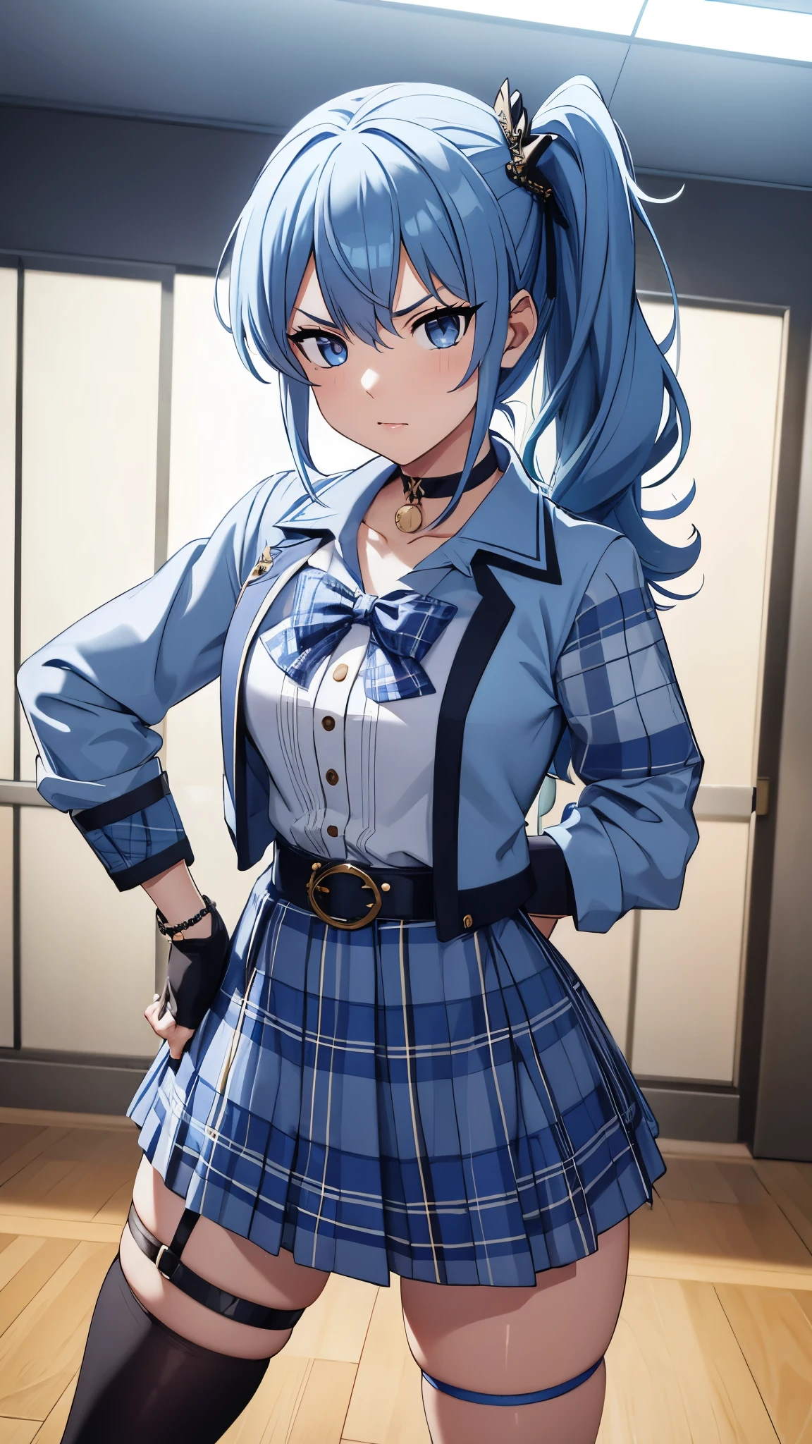 1GIRL, SOLO, SIDE PONYTAIL, HOSHIMACHI SUISEI, FINGERLESS GLOVES, SINGLE THIGHHIGH, JEWELRY, THIGH STRAP, BRACELET, BUTTONS, PLAID DRESS, BLUE CHOKER, BLUE BELT, PLAID SKIRT, MINI CROWN, GREY SKIRT, BLUE ASCOT, LONG SLEEVES, PLAID JACKET、(get angry、Skirt lifted、Blue Panties)