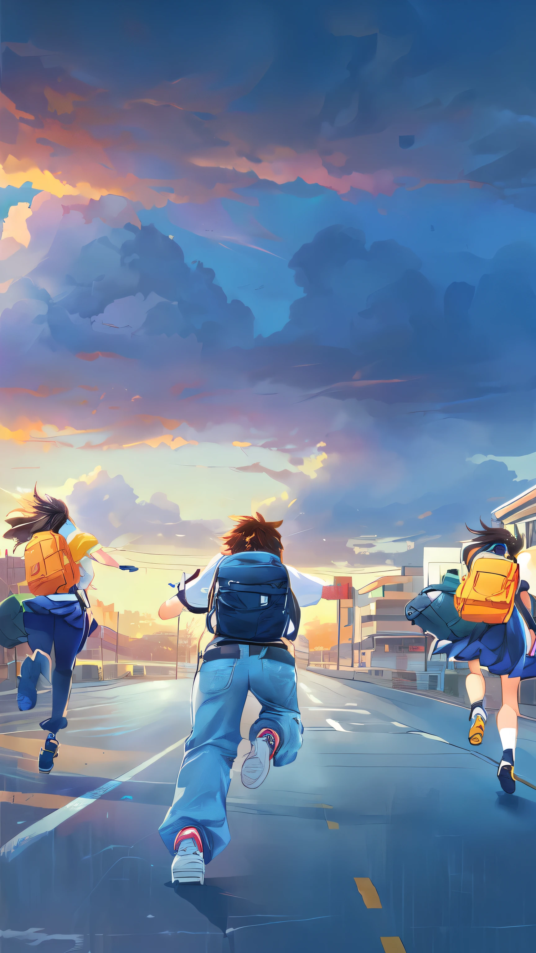 Cartoon character running across the road with a schoolbag, High School Background, Shinkai Makoto Cyril Rolando, in Makoto Shinkai&#39;s style, Background artwork, Anime Background, Makoto Shinkai&#39;s style, Background Image, colorful Anime Background, Xin Haicheng style, Anime Background, Shinkai Makoto&#39;s Artistic Style, 4k comics wallpaper