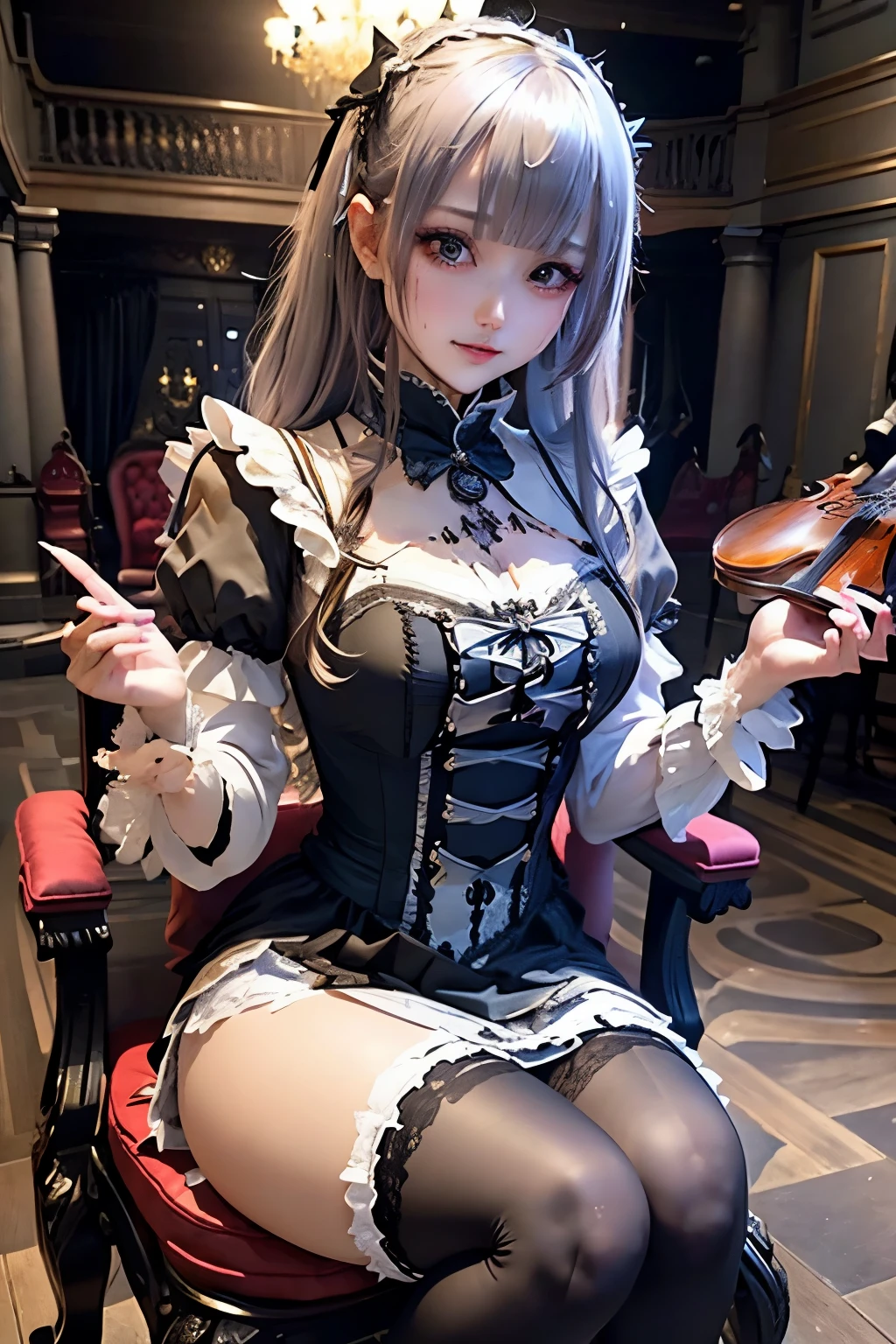 ハードDark Gothicメイク、Deep Night Sky、Horror、Black dark eyeshadow、sad、Good skin radiance、Dark Gothicメイク、Dark smile、palace、24-years-old、Embarrassed look、Dark Gothic、Obscene language、highest quality、Drunk face、紫のMaid clothes、Mysterious、Noble、sexy、Loving smile、Right blue eye, Left eye is red、Platform Heel Shoes、Heavy makeup、Gothic Lolita Clothing、Silver Hair、Long Hair Straight Hair、Cute Gothic Lolita Dress、Beautiful Face、elegant features、Fascinating face、Stained glassが背景、Chest glistening with sweat、The room is dark、gothic long dress、Bell Sleeves、Wizard Sleeve、Decadent look、Sexually excited expression、Glossy thighs wet with water、Thighs that are wet and shiny with oil、Background of a room full of roses、The embroidery is pink、The dress has pink embroidery、Thigh-high socks、Knee-high socks、Gentle expression、Dark black eyeshadow、Stained glassと薔薇背景、Female Duo、Female couple、dark church background、Stained glass、Black metal world、Dark Castle、Slender body、gothic long dress、Maid clothes、Victorian dresses、Her thighs glisten with sweat、My body is wet and shiny、Lots of glitter on the thighs、My thighs are sticky from sweating、Sweat glistens on the thighs, The whole body is sweaty and shiny、Quite sweaty、My thighs are sweaty、My thighs are so wet、My thighs are shining with sweat、A lot of sweat glistens all over the body、Small breasts、Orchestra StageStage、Dynamic Angle、sitting on a gothic chair、Play the violin gracefully、With a violin、Press the violin strings、violinist、orchestra performance、Thin thighs、slender、Violin body and strings、Sit on a chair、pantyhose、