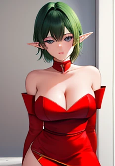masterpiece,highest quality,Very delicate,8k,Perfect Face,Medium short green hair,Red off-the-shoulder bodycon tube dress , Red long arm covers,Elf Girl,(Big Breasts),blue eyes, Red long cloth tied around her waist