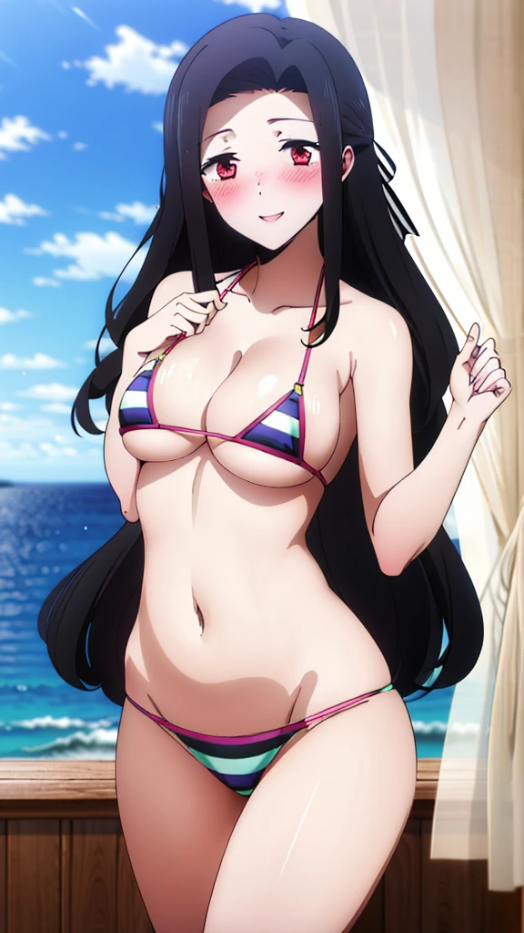 (masterpiece, 4K, highest quality, anime style: 1.9, Detailed face, Lovely, Ocean,Bold Line, High resolution, anime, Lake 4. alone, Curvaceous, Thighs, Cleavage, Center of chest, smile, Please open your mouth wide, Very slim belly, Cowboy Shot,(((Striped Bikini))),1 girl,Red eyes, Black Hair, Long Hair, Wavy Hair, Curtain-like bangs,blush