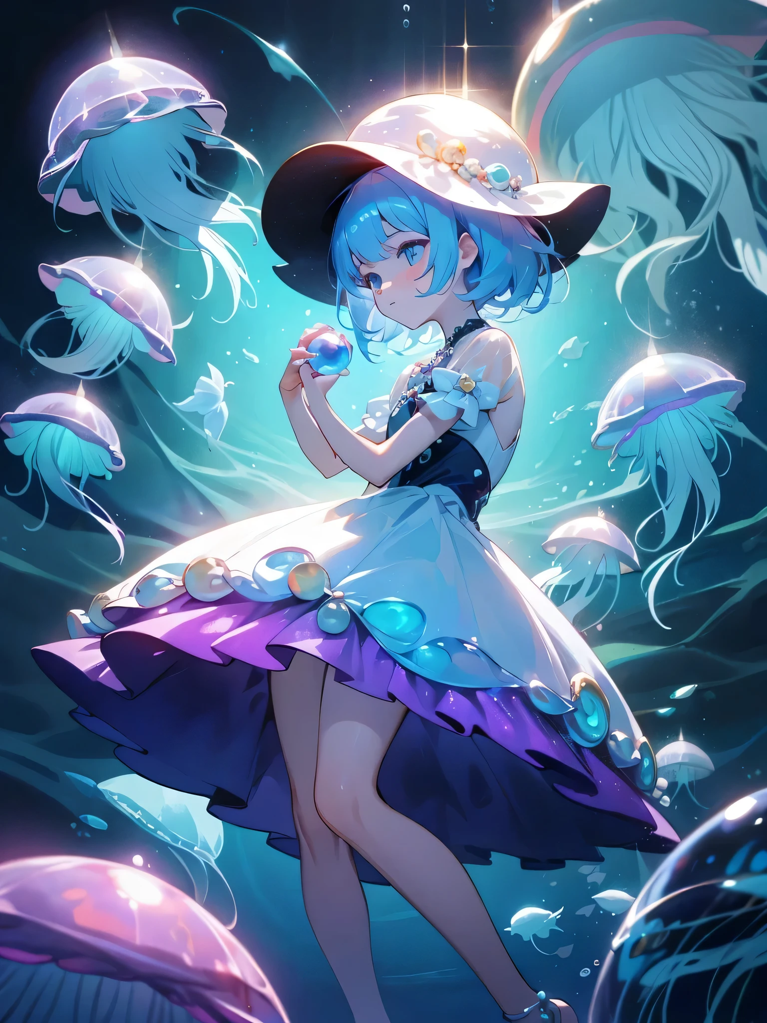 Underwater mysterious world, Magic world, glowing little jellyfish, Small fish, a girl in a transparent dress holds a glowing ball of a pearl in her hands, many small bubbles