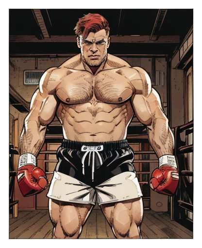 (magazine cover), with text, solo, 1boy, (Huge Muscular Old man as a boxer, wearing boxing gloves , wearing shorts) (short hair, 2tone hair color, two tone hair colors, red and white hair color), pectoral, abnormal muscle size, very big muscle, absurdly muscle size, huge pectoral, wide pectoral, short white hair, short bearded, simple background, masterpiece, high detailed, 8k, high resolution, --style 250, -- v 6.0