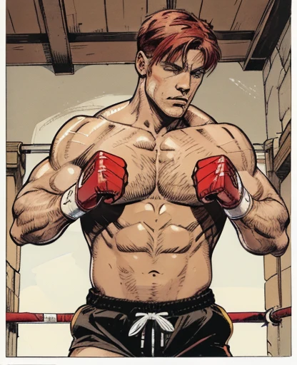 (magazine cover), with text, solo, 1boy, (Huge Muscular Old man as a boxer, wearing boxing gloves , wearing shorts) (short hair, 2tone hair color, two tone hair colors, red and white hair color), pectoral, abnormal muscle size, very big muscle, absurdly muscle size, huge pectoral, wide pectoral, short white hair, short bearded, simple background, masterpiece, high detailed, 8k, high resolution, --style 250, -- v 6.0