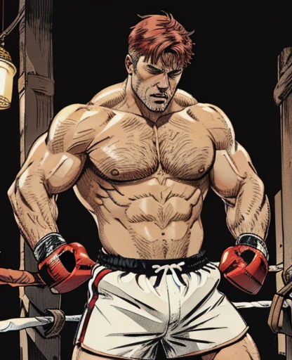 (magazine cover), with text, solo, 1boy, (Huge Muscular Old man as a boxer, wearing boxing gloves , wearing shorts) (short hair, 2tone hair color, two tone hair colors, red and white hair color), pectoral, abnormal muscle size, very big muscle, absurdly muscle size, huge pectoral, wide pectoral, short white hair, short bearded, simple background, masterpiece, high detailed, 8k, high resolution, --style 250, -- v 6.0