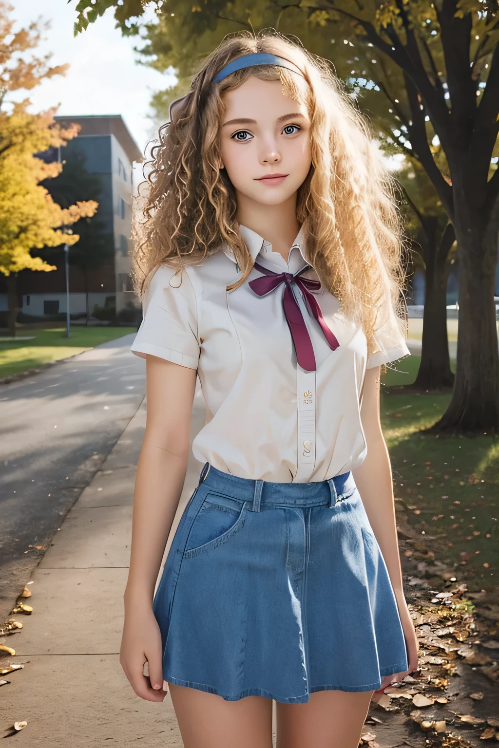 Country girl. . Younlt. Very curly hair. Permed hair. Blonde. Headband. Blue eyes. Sweet. Romantic. High school building.
