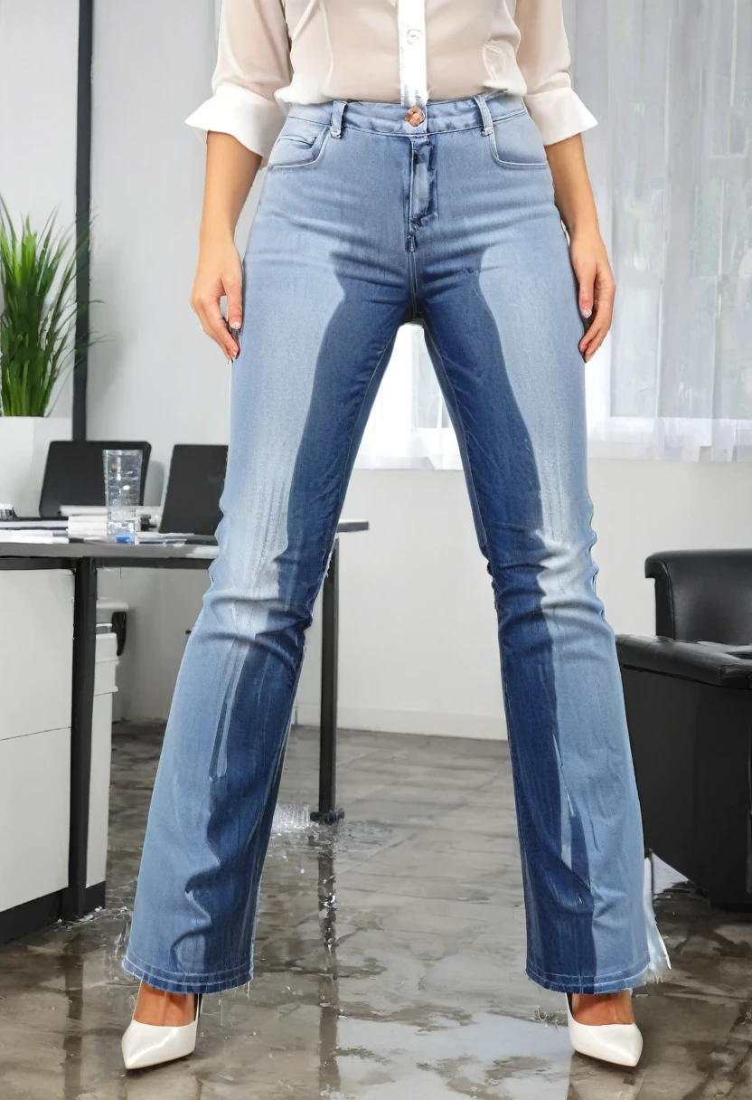 attractive blonde woman wearing wide flared leg jeans, high heel pumps, white blouse, standing in an office, wetting, big smile, pee stains are gleaming wet