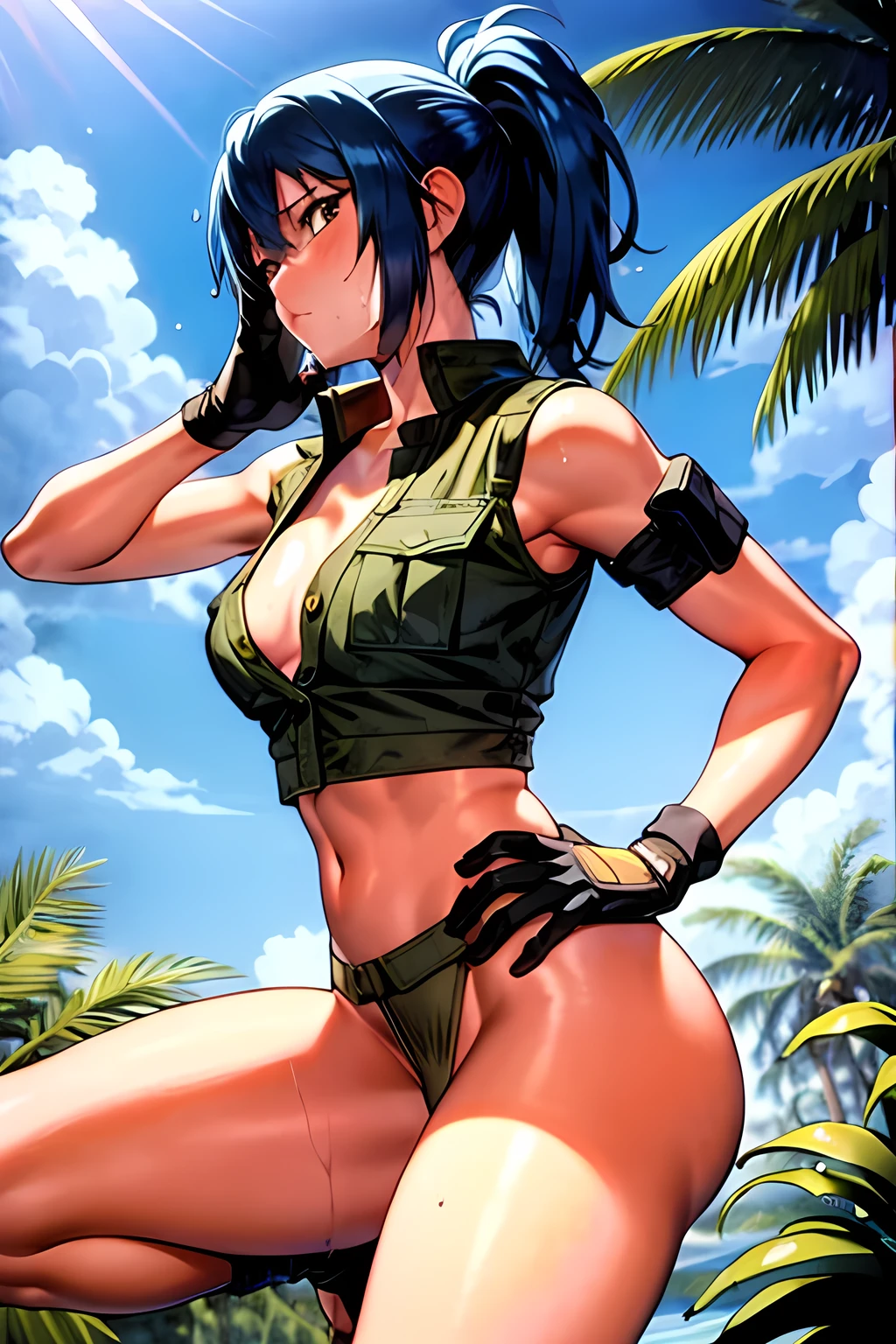 masterpiece, best quality, anime 1990s \(style\, leona heidern, sexy, naked, thong ,open vest., jungle, tactical, pony tail, serious, cammo, army, soldier, blue hair, warfare, war, wet, gloves, sexy pose, jungle girl, perfect hands, five fingers, long hair, tropical.