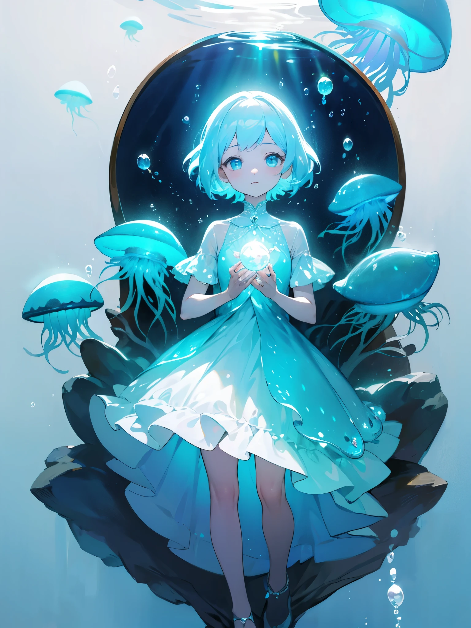 Underwater mysterious world, Magic world, glowing little jellyfish, Small fish, a girl in a transparent dress holds a glowing ball of a pearl in her hands, many small bubbles