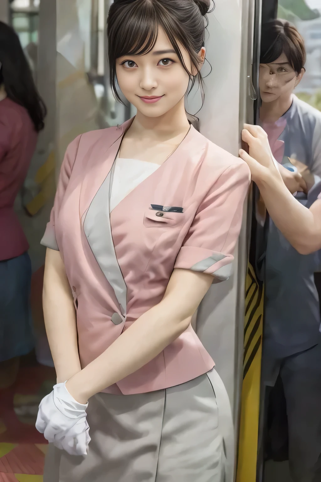 (masterpiece:1.2, highest quality:1.2), 32K HDR, High resolution, (alone、1 girl)、(On the rooftop of a building in the daytime、Professional Lighting)、Building rooftop background、(Nankai train crew uniform pinkを着たリアルスタイル)、(Nankai train crew uniform pink short sleeve pink jacket、Nankai Train Crew Uniform Pink Collarless Short Sleeve Blouse、Nankai Train crew uniform pinkのグレー色のキュロットスカート)、Dark brown hair、(Hair tied up、Hair Bun、Hair Bun)、Dark brown hair、Long Shot、Big Breasts、Thin legs、((Great hands:2.0)),((Harmonious body proportions:1.5)),((Normal limbs:2.0)),((Normal finger:2.0)),((Delicate eyes:2.0)),((Normal eyes:2.0)))、smile、(Nankai Train crew uniform pinkのグレー色のキュロットスカートを見せた美しい立ち姿)、Put your hands down、I have nothing in my hands