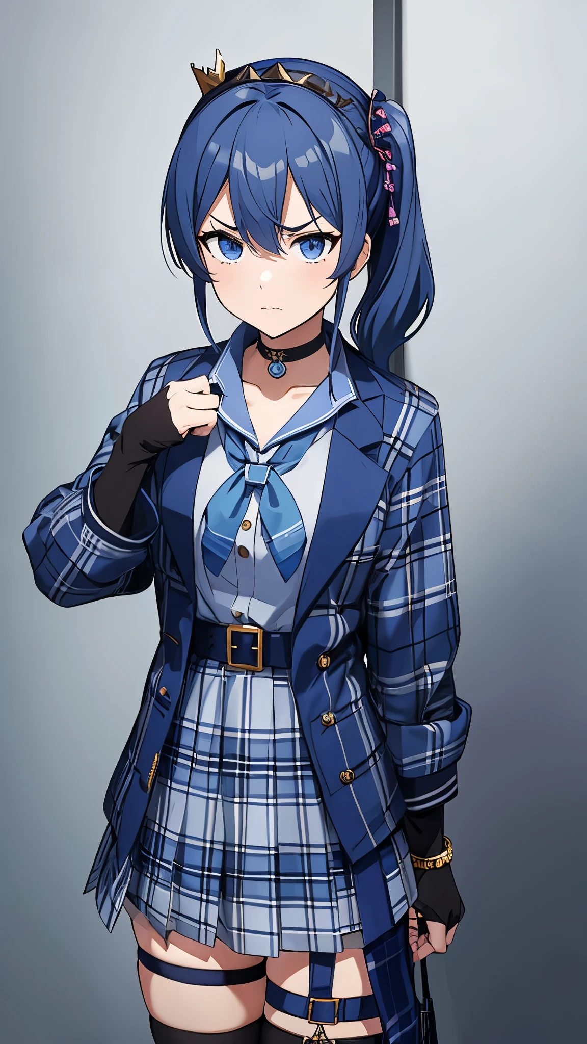 1GIRL, SOLO, SIDE PONYTAIL, HOSHIMACHI SUISEI, FINGERLESS GLOVES, SINGLE THIGHHIGH, JEWELRY, THIGH STRAP, BRACELET, BUTTONS, PLAID DRESS, BLUE CHOKER, BLUE BELT, PLAID SKIRT, MINI CROWN, GREY SKIRT, BLUE ASCOT, LONG SLEEVES, PLAID JACKET、(get angry、look down、Take off skirt、Blue Panties)