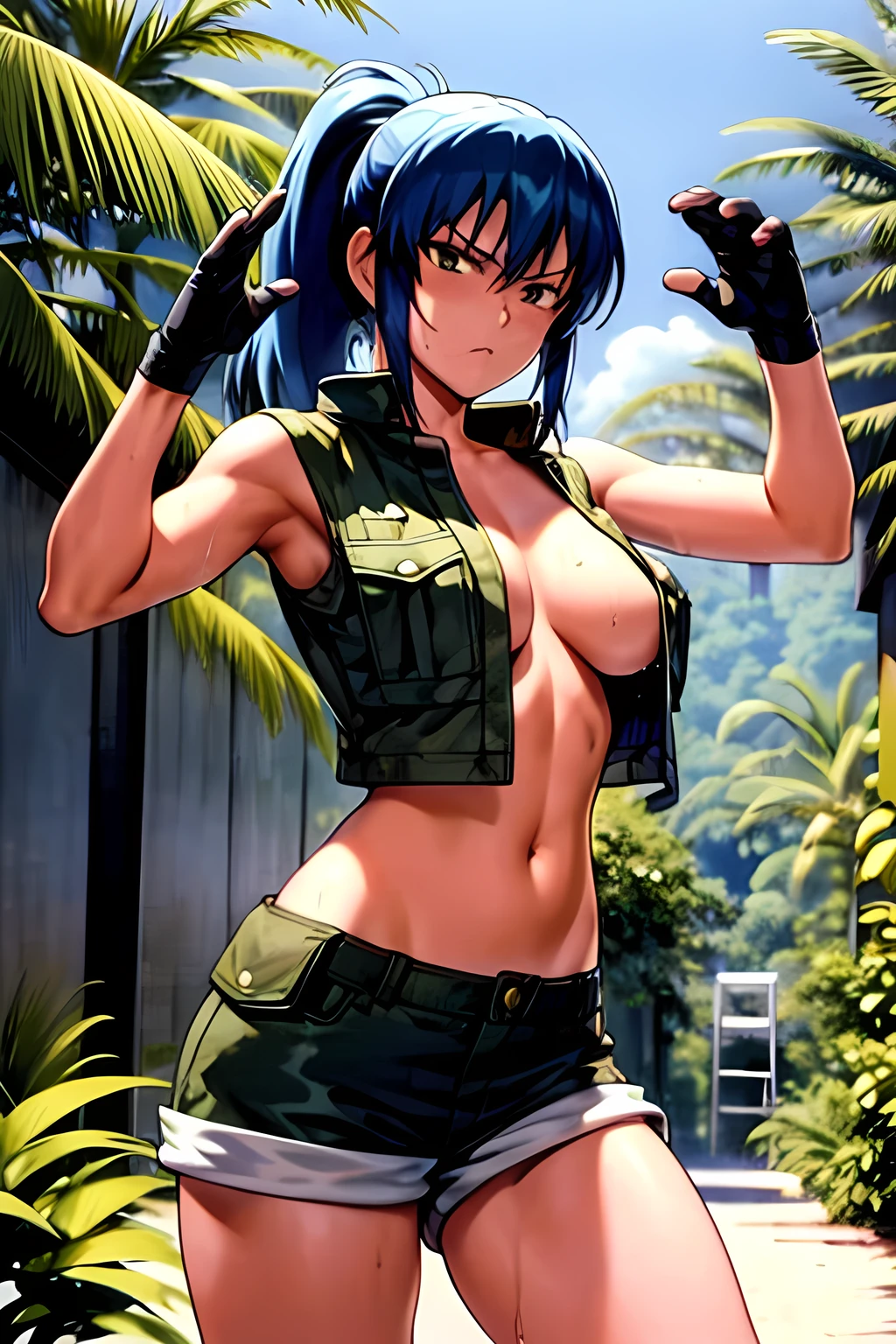 masterpiece, best quality, anime 1990s \(style\, leona heidern, sexy, naked, thong ,open vest., jungle, tactical, pony tail, serious, cammo, army, soldier, blue hair, warfare, war, wet, gloves, sexy pose, jungle girl, perfect hands, five fingers, long hair, shorts.