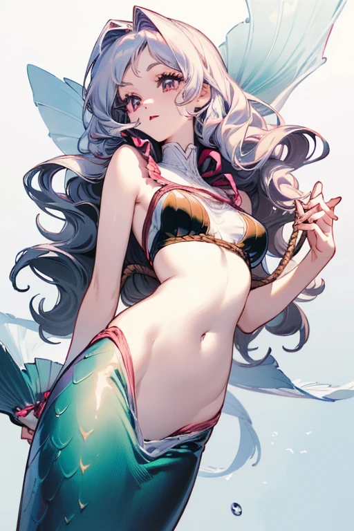 ((, Masterpiece: 1.5, best quality, high resolution: 1.3, super resolution, super detailed, ultra detailed: 1.3, Perfect Anatomy: 1.5, 1 mermaid woman ) pale skin + long wavy white hair + pink eyes + long eyelashes + female figure + white mermaid tail, mermaid woman, white fishtail (delicate pretty top, belly and waist visible, ribbons on her hip, voice box rope) ((adorable open eyes, friendly cute expression))