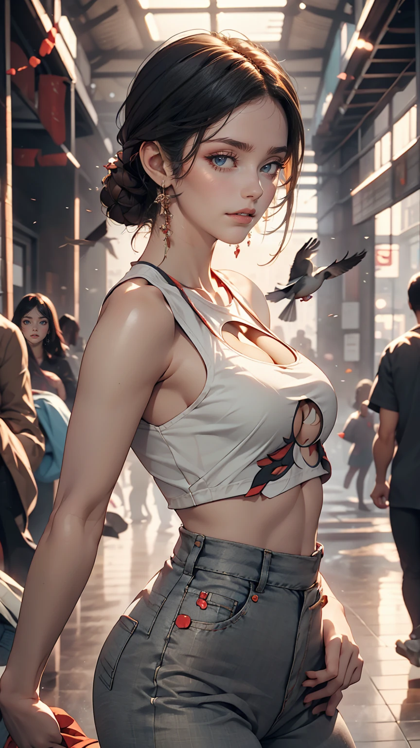 24-year-old female、Put your hands together and thrust them forward、Many pigeons land on my hands、Front cutout((front cutout))Wear tops、Wear low rise leggings、smile、View your viewers