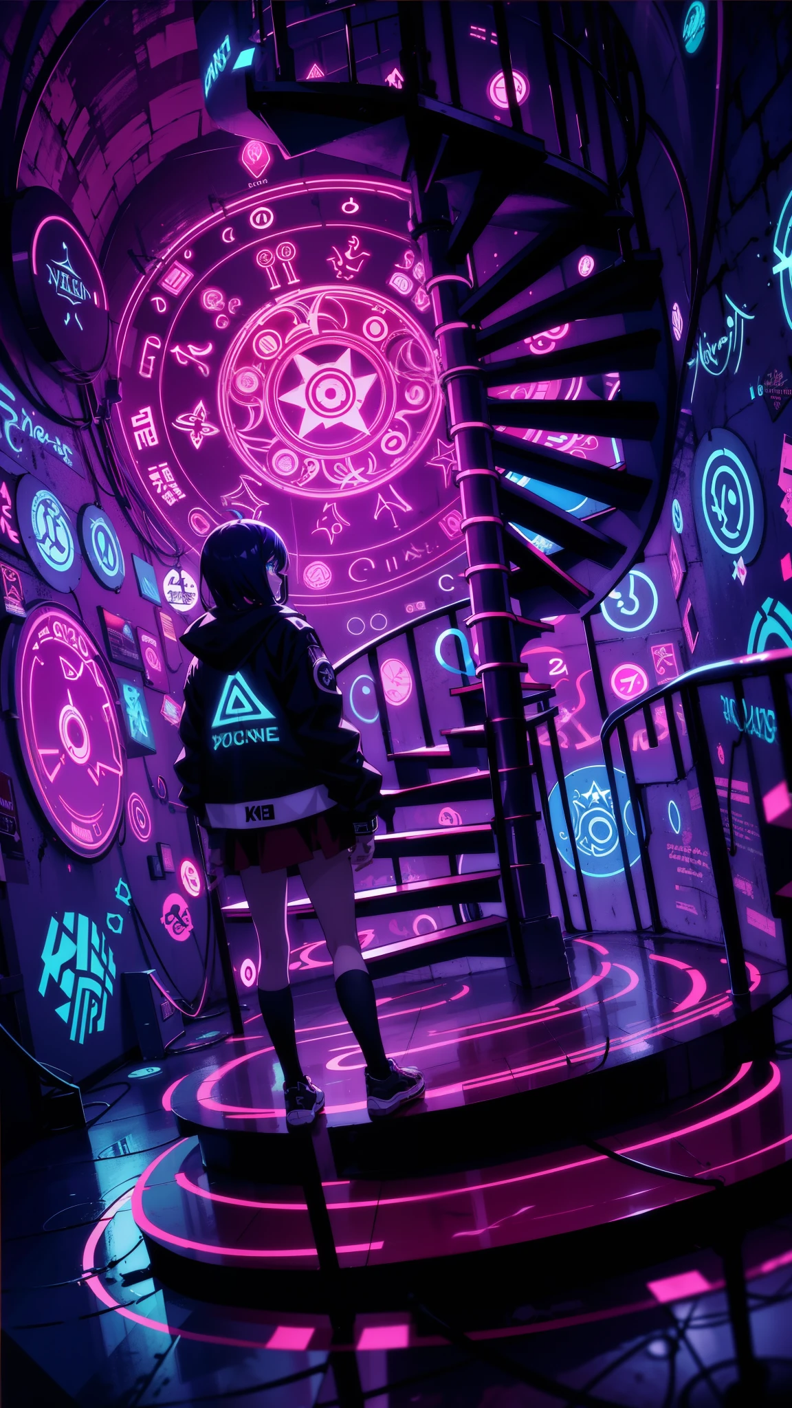A teenager descends a spiral staircase into a hidden basement, the walls covered in glowing occult symbols and neon graffiti. The air is thick with an otherworldly energy, and strange lights flicker in the darkness. The scene is a trippy blend of neon colors and black shadows, with a sense of mystery and intrigue, abasterpiece)), ((best quality)), ultra detailed,((illustration)), dynamic angle, detailed light, (delicate eyes), (ahoge:0.8),apathy, ray,frontage,style of anime4 k, 4k anime wallpaper, badass anime 8 k, 4 k comic wallpaper