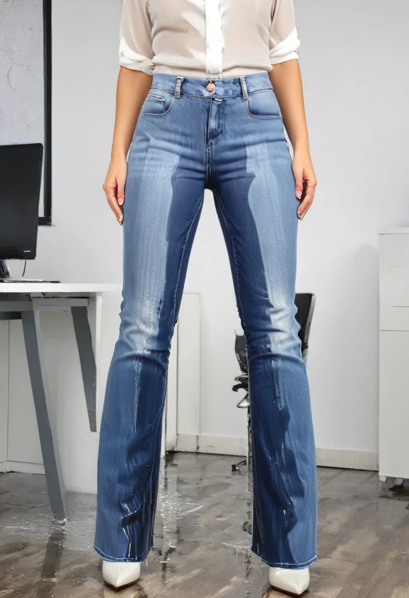attractive blonde woman wearing wide flared leg jeans, high heel pumps, white blouse, standing in an office, wetting, big smile, pee stains are gleaming wet