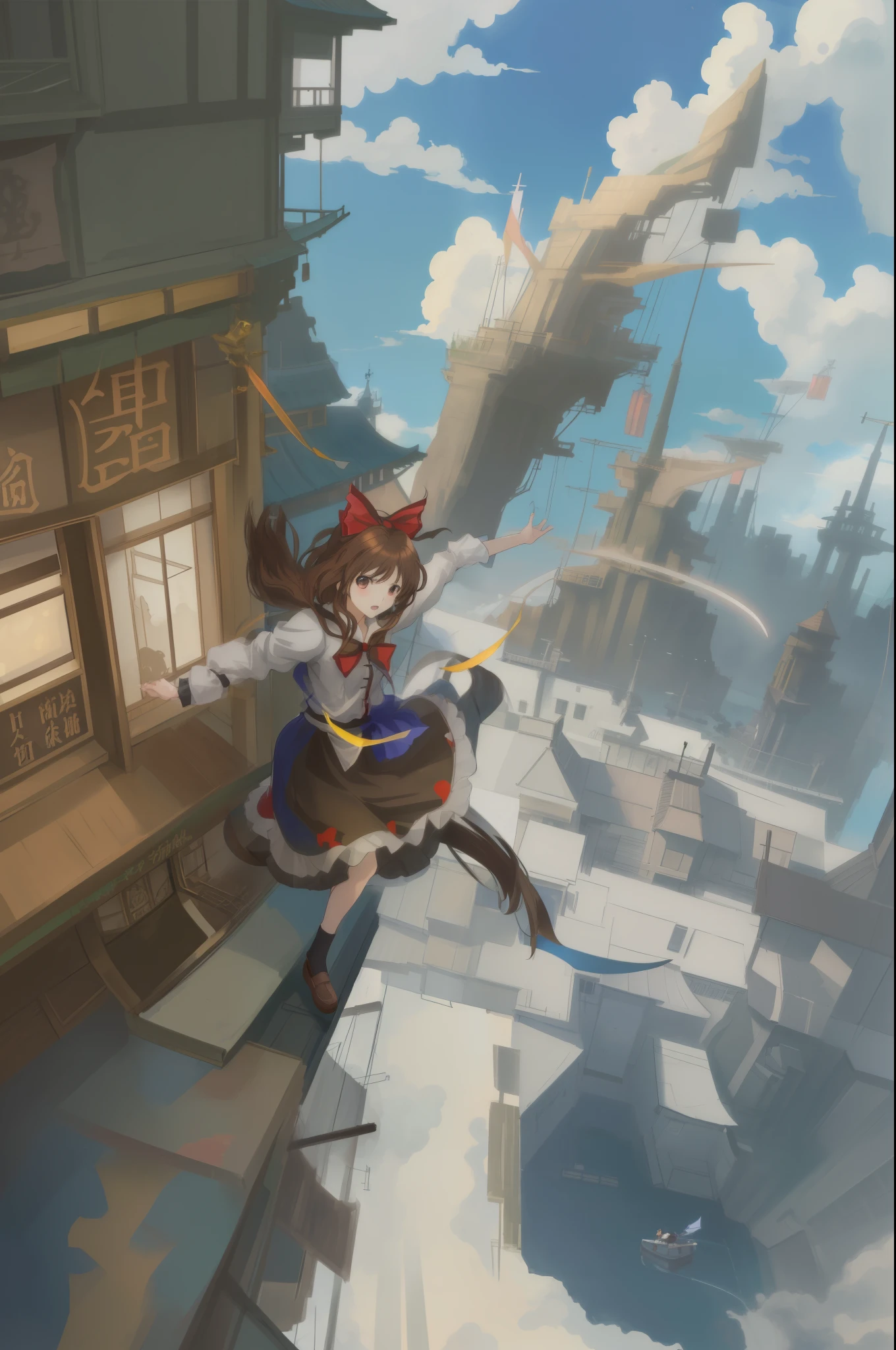 (hair swept bangs:1.3), (brown hair:1.3), a cartoon picture of a girl with a sword and a cat, touhou project official artwork, touhou project, anime cover, touhou, by Kamisaka Sekka, official artwork, anime fantasy illustration, anime fantasy artwork, anime artwork, from touhou, art cover, anime style artwork, official anime artwork, 2. 5 d cgi anime fantasy artworkanime girl on balcony looking at bird flying over city, posuka demizu, soaring above a dense city, anime fantasy illustration, inspired by Takeshi Obata, lan mcque, detailed anime artwork, by Takeshi Obata, anime fantasy artwork, in a flying city, anime in fantasy style, clean detailed anime art