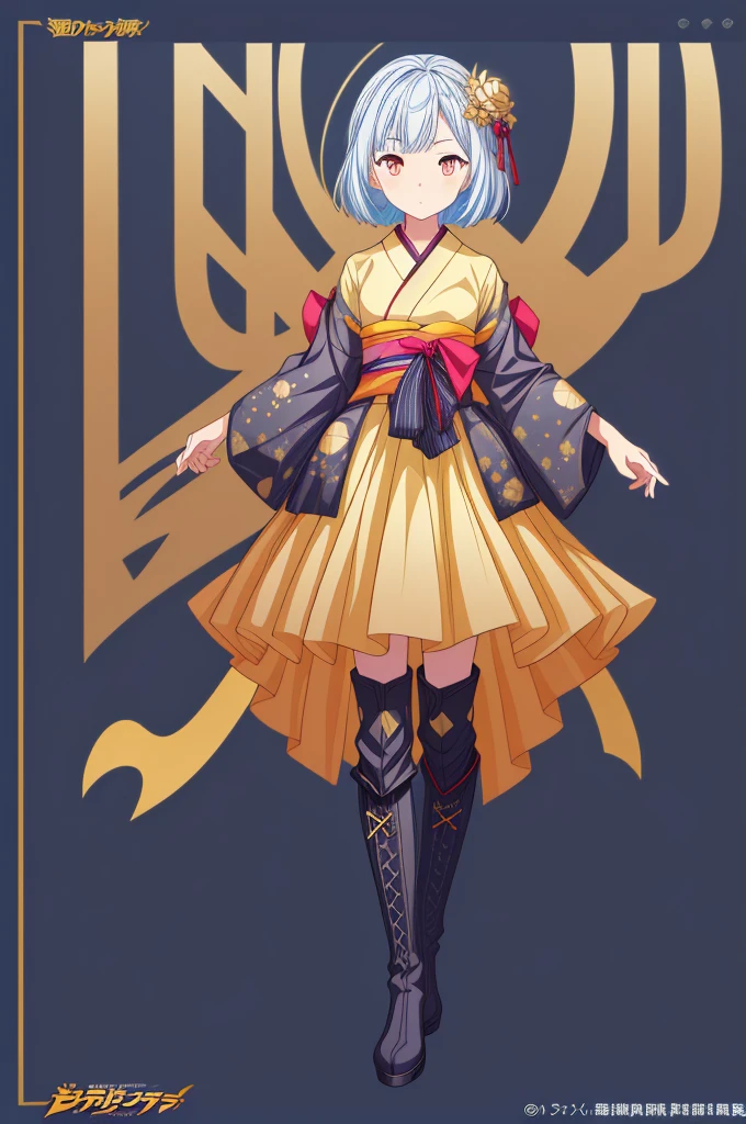 (((1girl)))、Star Fairy、vtuber-halfbody、(((highest quality、Masterpiece、The best composition、Golden Ratio、Official Art、Super detailed、Super detailedな目)))、ultra detailed, from front, headshot、 blue and white hair color、Short Hair、Standing in front of the viewer、Kimono and Gothic Lolita remakes of galaxy-patterned clothing、Knee-high boots、