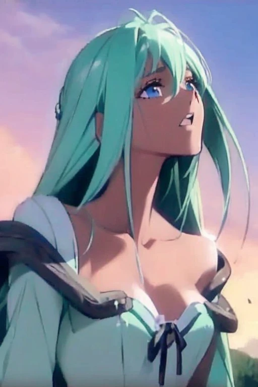 ((NSFW))、４K、highest quality、Standing on a hill, gazing into the distant sky、Straight emerald long hair、Looking up at the sky and looking away、Her dress is torn and her skin is exposed、Blood-stained sunset background、Have a biologically correct body、