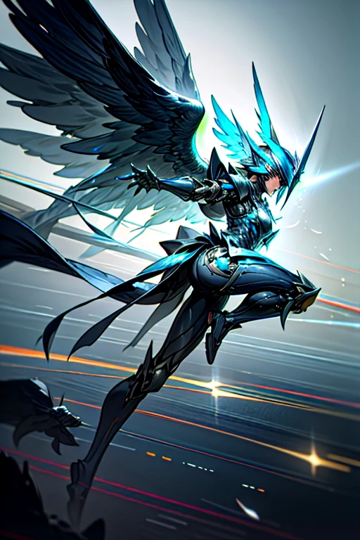 low angle view . hyper-realistic Surrealism (RAW, simulation), a highly detailed cyborg  bird, rise from the hyper splash and exploded water and fast motion fly up towards sky, over the surface of the crystal blue water  ,wings unleashed winds.  in high technology style, glossy blue head, minimalist style, an Obsidian aerodynamic shape helmet and armour with matte black titanium component, translucid glowing, ethereal, dynamic pose, vray. dark fantasy sky background .
