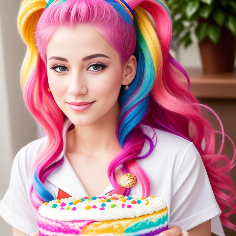 (best quality,4k,8k,high res,masterpiece:1.2),ultra-detailed, photorealistic, rainbow hair,long hair, Mature and beautiful, realistic portrayal:1.2 Sailor Moon eating rainbow cake for her birthday. David Taylor professional 2000s photography 