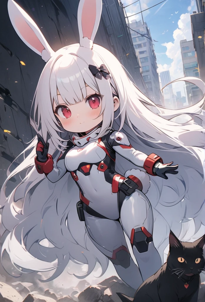 solo,1female\((chibi:1.8),cute,kawaii,,(white hair:1.7),(very long hair:1.7),big bangs,(ear\(fluffy white rabbit-ear\):1.3),(only 1small rabbit-tail at hip:1.2),(red eye),big eye,beautiful shiny eye,skin color white,big hairbow,(costume\(combat suit,bodysuit,(very tight:1.5),(show body line:1.2),weapons\)),breast,shooting and aiming a laser gun to giant monster cat\), BREAK ,background\(city of Rubble,giant cats are destroying the city\),(close up female), BREAK ,quality\(8k,wallpaper of extremely detailed CG unit, masterpiece,hight resolution,top-quality,top-quality real texture skin,hyper realisitic,increase the resolution,RAW photos,best qualtiy,highly detailed,the wallpaper,golden ratio\)