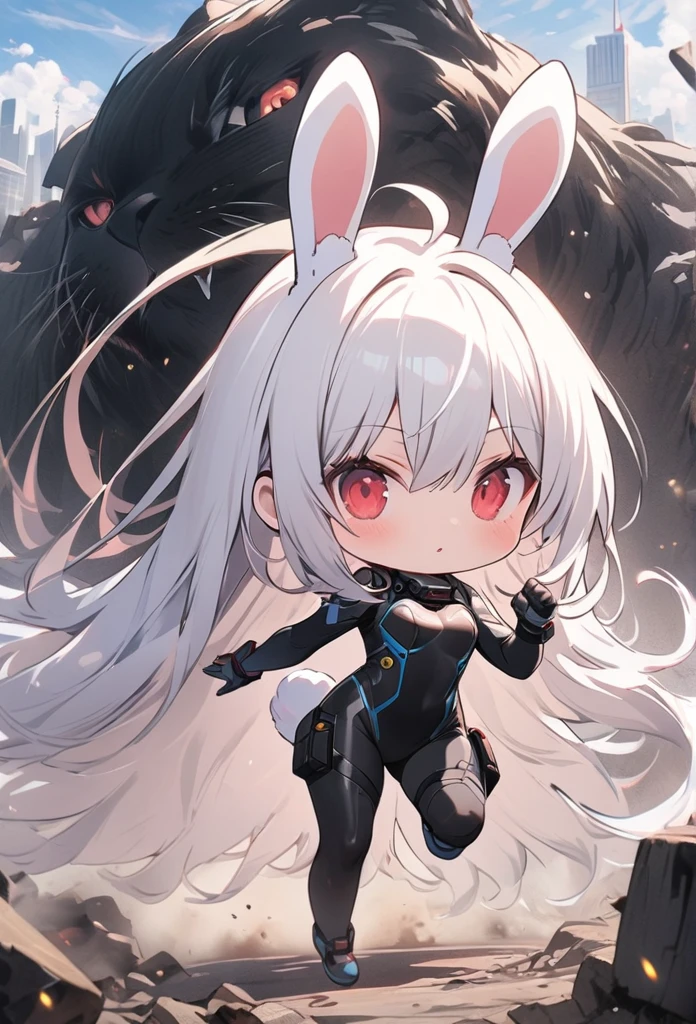 solo,1female\((chibi:1.8),cute,kawaii,small ???,(white hair:1.7),(very long hair:1.7),big bangs,(ear\(fluffy white rabbit-ear\):1.3),(only 1small rabbit-tail at hip:1.2),(red eye),big eye,beautiful shiny eye,skin color white,big hairbow,(costume\(combat suit,bodysuit,(very tight:1.5),(show body line:1.2),weapons\)),breast,shooting and aiming a laser gun to giant monster cat\), BREAK ,background\(city of Rubble,giant cats are destroying the city\),(close up female), BREAK ,quality\(8k,wallpaper of extremely detailed CG unit, masterpiece,hight resolution,top-quality,top-quality real texture skin,hyper realisitic,increase the resolution,RAW photos,best qualtiy,highly detailed,the wallpaper,golden ratio\)