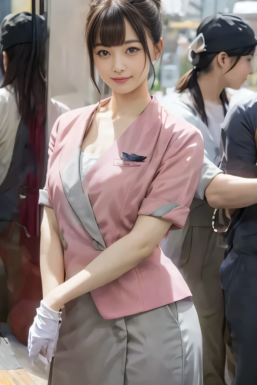 (masterpiece:1.2, highest quality:1.2), 32K HDR, High resolution, (alone、1 girl)、(On the rooftop of a building in the daytime、Professional Lighting)、Building rooftop background、(Nankai train crew uniform pinkを着たリアルスタイル)、(Nankai train crew uniform pink short sleeve pink jacket、Nankai Train Crew Uniform Pink Collarless Short Sleeve Blouse、Nankai Train crew uniform pinkのグレー色のキュロットスカート)、Dark brown hair、(Hair tied up、Hair Bun、Hair Bun)、Dark brown hair、Long Shot、Big Breasts、Thin legs、((Great hands:2.0)),((Harmonious body proportions:1.5)),((Normal limbs:2.0)),((Normal finger:2.0)),((Delicate eyes:2.0)),((Normal eyes:2.0)))、smile、(Nankai Train crew uniform pinkのグレー色のキュロットスカートを見せた美しい立ち姿)、Put your hands down、I have nothing in my hands