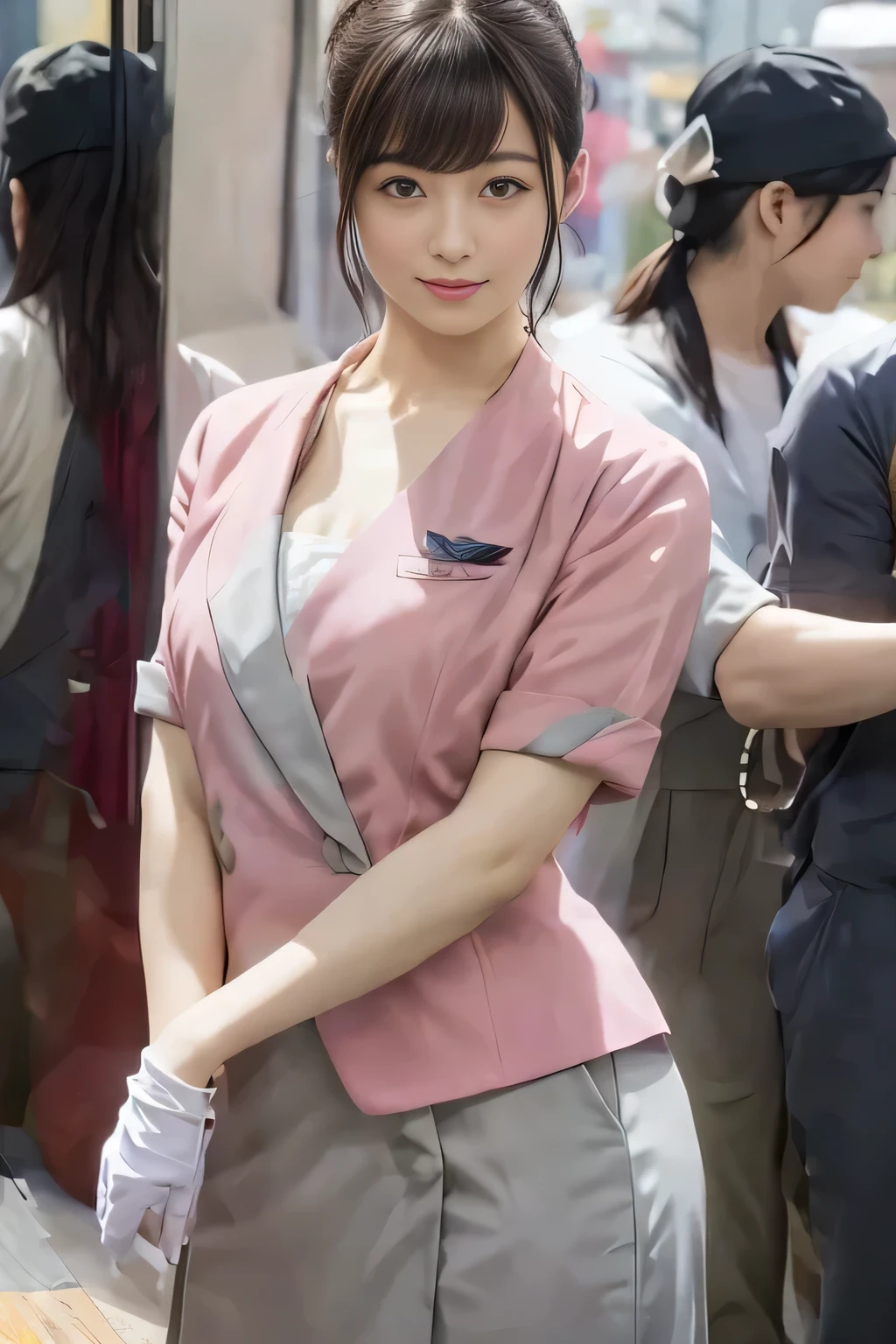 (masterpiece:1.2, highest quality:1.2), 32K HDR, High resolution, (alone、1 girl)、(On the rooftop of a building in the daytime、Professional Lighting)、Building rooftop background、(Nankai train crew uniform pinkを着たリアルスタイル)、(Nankai train crew uniform pink short sleeve pink jacket、Nankai Train Crew Uniform Pink Collarless Short Sleeve Blouse、Nankai Train crew uniform pinkのグレー色のキュロットスカート)、Dark brown hair、(Hair tied up、Hair Bun、Hair Bun)、Dark brown hair、Long Shot、Big Breasts、Thin legs、((Great hands:2.0)),((Harmonious body proportions:1.5)),((Normal limbs:2.0)),((Normal finger:2.0)),((Delicate eyes:2.0)),((Normal eyes:2.0)))、smile、(Nankai Train crew uniform pinkのグレー色のキュロットスカートを見せた美しい立ち姿)、Put your hands down、I have nothing in my hands