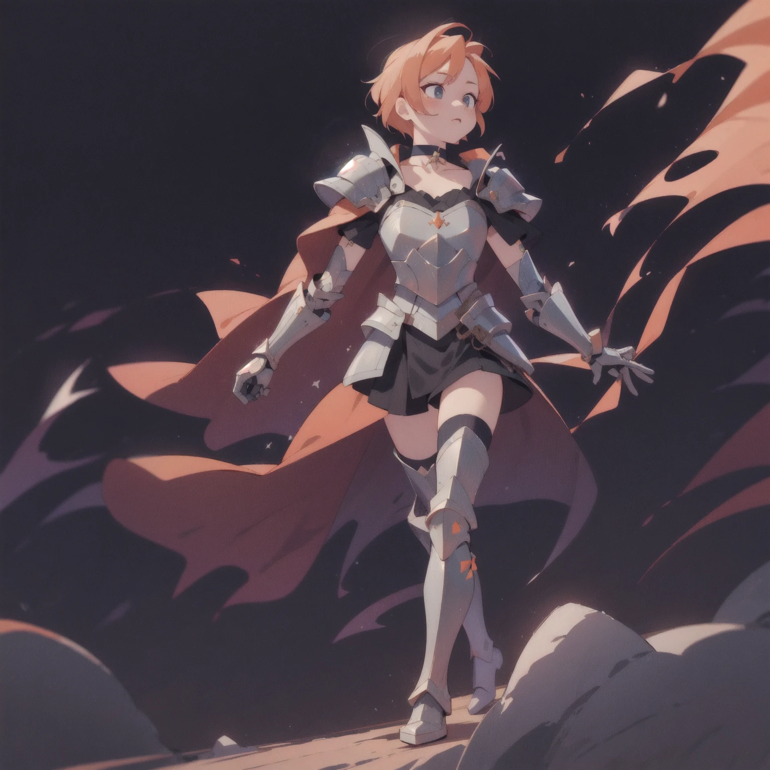 choker, armor, cape, black dress, single glove, thigh highs, armored legwear, orange boots, hyper realistic