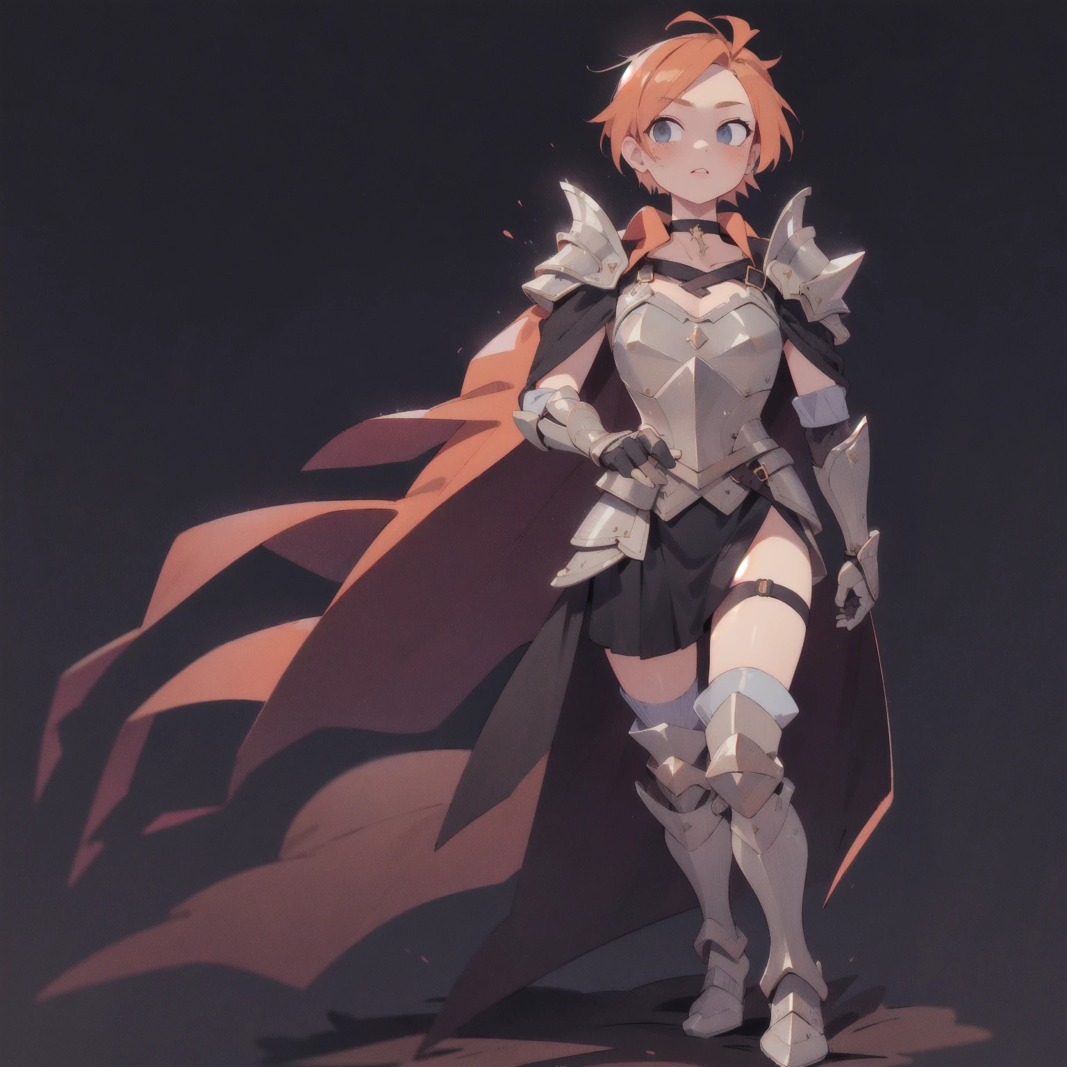 choker, armor, cape, black dress, single glove, thigh highs, armored legwear, orange boots, hyper realistic