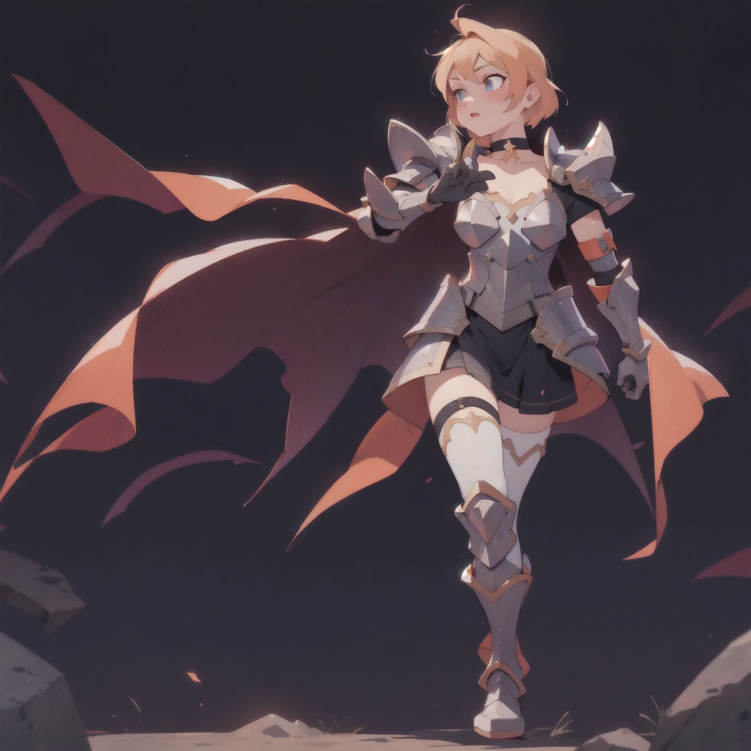 choker, armor, cape, black dress, single glove, thigh highs, armored legwear, orange boots, hyper realistic