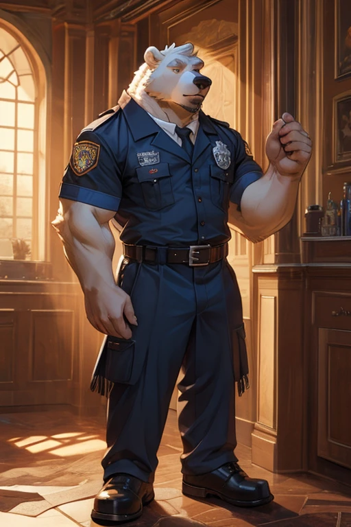 handsome male, polar bear, large strong build,, sassy, dominant body posture, British firefighter uniform , ((best quality)), ((masterpiece)), (detailed), short messy fringe,