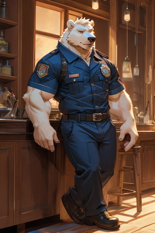 muscular and super strong furry American looking at the viewer full body black blue eyes wearing a sexy police outfit and drinking a cup of coffee a realistic background of his police station sitting near the PC erection visibly appearing passive hottie well endowed 3D ultra realistic digital ART full HD super high resolution...