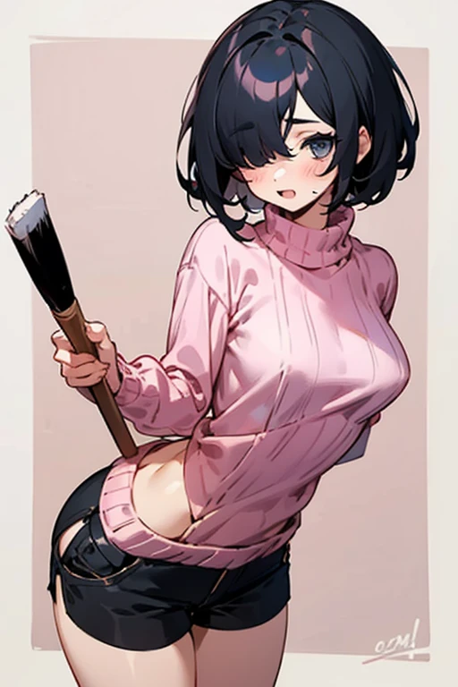 cute girl with short black hair, wearing a pink sweater and black shorts, with small black chests and big breasts and ass, with hair covering one eye and holding a brush