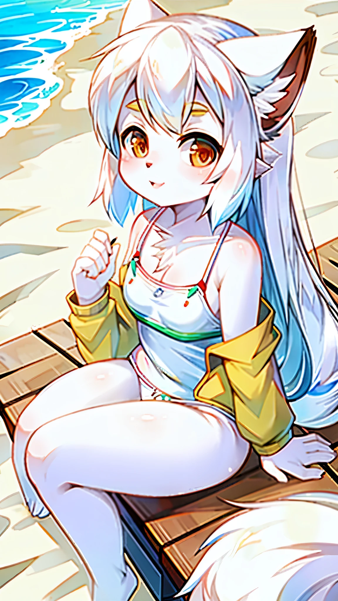 (masterpiece, best quality, juicy colors, detailed face), 1 girl, fox girl, white wool and white hair, in white bra and panties swimsuit, sitting on the beach