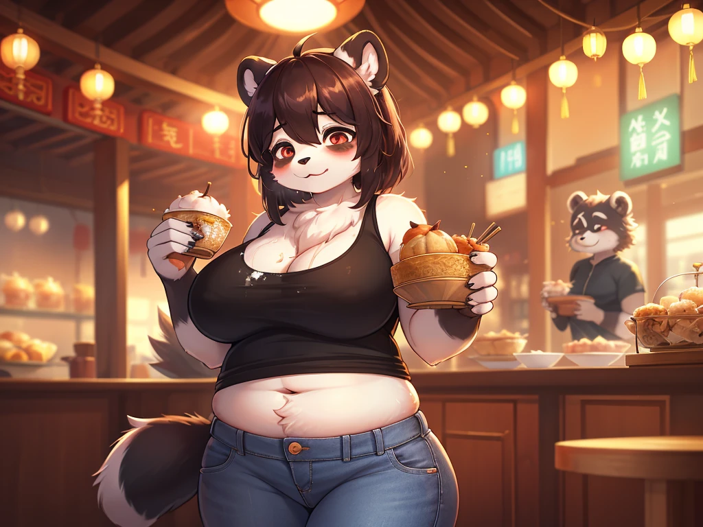 Hallucination, daydream , bokeh , hairy fur , messy curvy panda mom , Jeans , Loose-fitting camisole , Chest protrusion , Chinese Panda pattern face , Eat Dim Sum on Your Trip