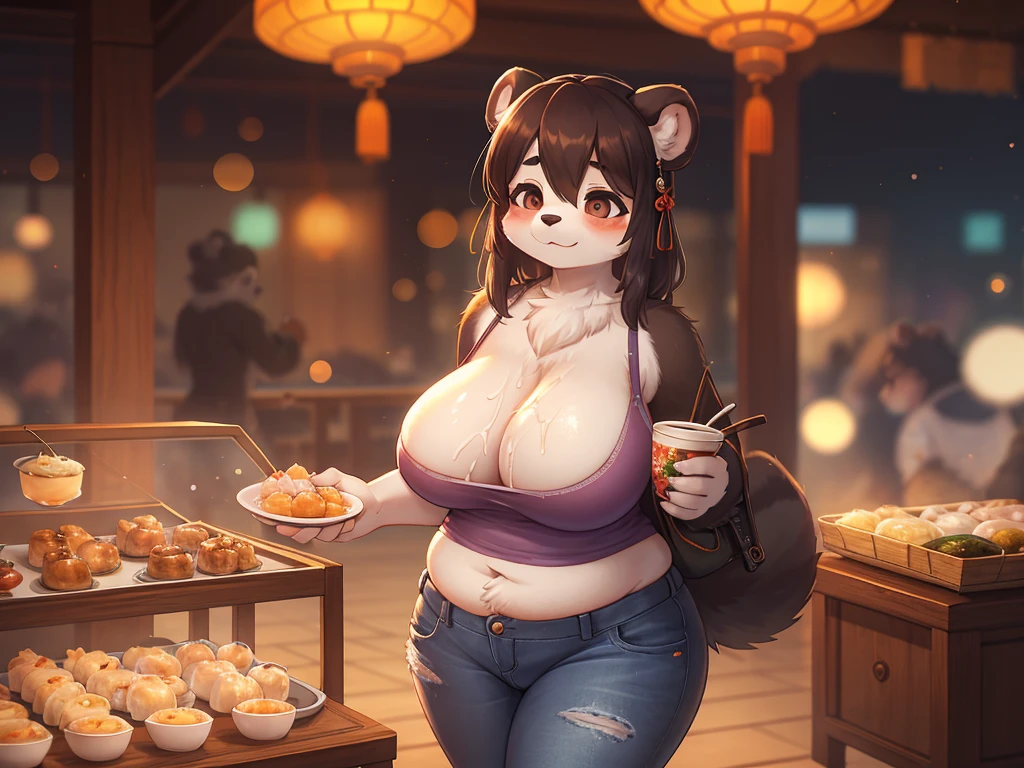 Hallucination, daydream , bokeh , hairy fur , messy curvy panda mom , Jeans , Loose-fitting camisole , Chest protrusion , Chinese Panda pattern face , Eat Dim Sum on Your Trip