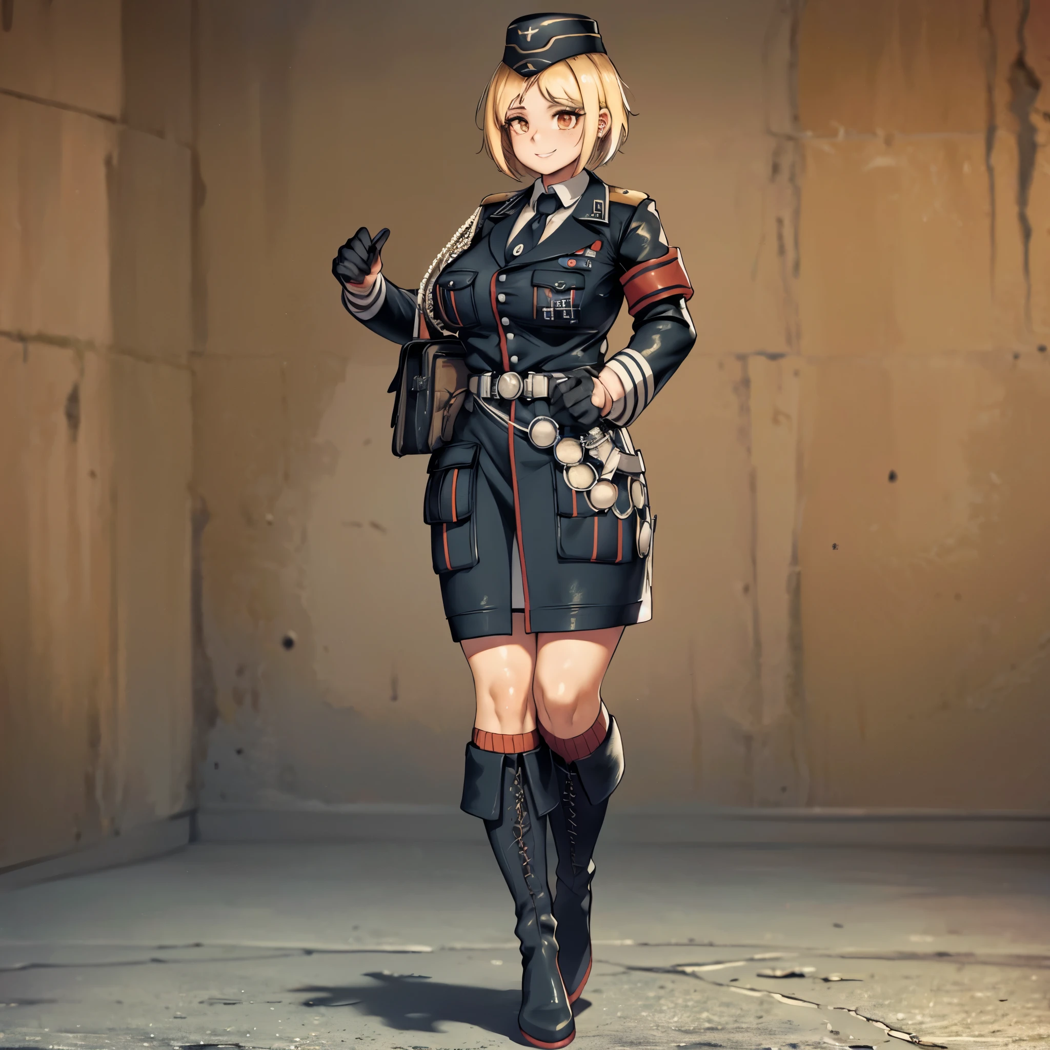 A woman wearing a Wehrmacht uniform, with a very detailed iron cross symbol, black leather boots, walking on a fog-filled battlefield, orange eyes, short blonde hair, Wehrmacht military hat, big breasts, smiling, full body, blurred background, concrete floor. , UHD , masterpiece, accurate, anatomically correct, textured skin, super detail, high quality, best quality, 8k, high resolution, bokeh effect.(solo woman)
