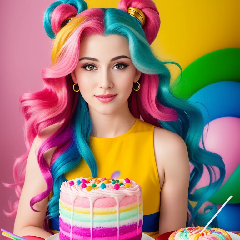 (best quality,4k,8k,high res,masterpiece:1.2),ultra-detailed, photorealistic, rainbow hair,long hair, Mature and beautiful, realistic portrayal:1.2 Sailor Moon eating rainbow cake for her birthday. David Taylor 2000s photography 