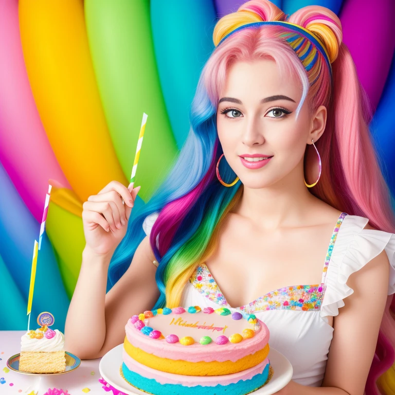 (best quality,4k,8k,high res,masterpiece:1.2),ultra-detailed, photorealistic, rainbow hair,long hair, Mature and beautiful, realistic portrayal:1.2 Sailor Moon eating rainbow cake for her birthday. David Taylor 2000s photography