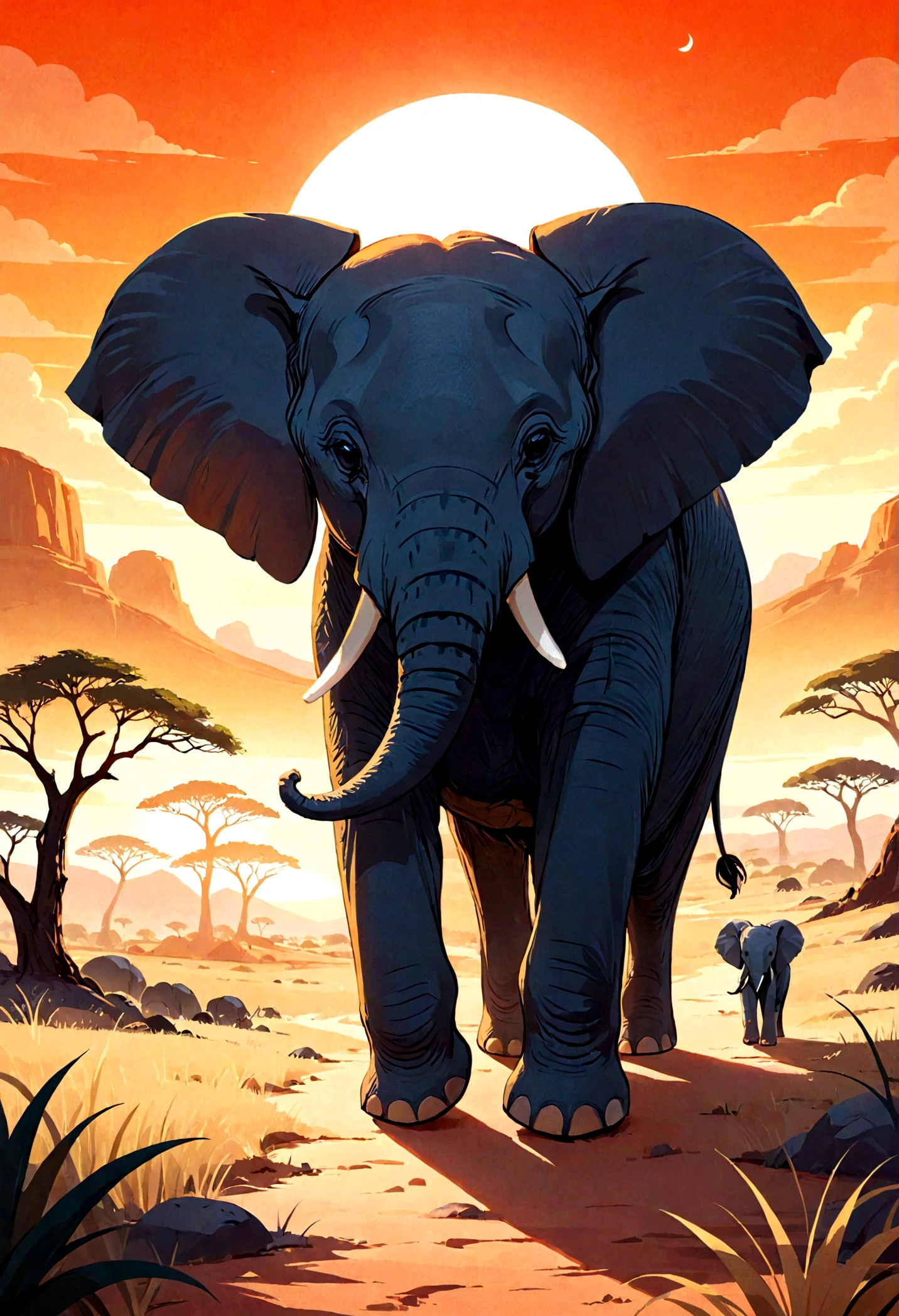 Make a thumbnail for a YouTube channel. The theme of the video is: The little elephant lost in the savannah. Use African landscapes with sunsets. and a photo of a baby elephant. Use flashy colors in the African color palette.