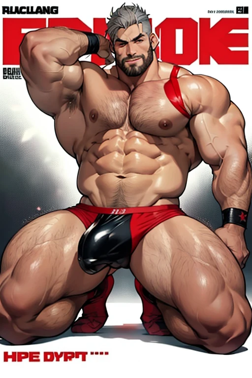 Only plump, chubby, extremely thick thighs, large belly, fat, absurderes, hight resolution, 1male people, full body visible (wrestling Magazine covers:1.2), Yaoi(bara) , Stubble,clothes down, matured male, ruggedly handsome face(Zeus), dark eyes, mustache, old face, beefy,thick dark eyebrow, thick eyebrows, Male Focus, designed beard、(wearing red thong), big bulging crotch, big crotch, latex, wrestling uniform, red wrestling singlet, kneeling with legs open, leaning back, crotch in focus, Detailed body,Ultra-detailed eyes,hyperdetailed face,(Gray hair:1.2),(All Back Hair:1.2)、(Very short hair:1.2),(hyper pecs:1.5),Open Claus,(Soft smile:1.2),Perfect ligthing,(flexing biceps:1.2)