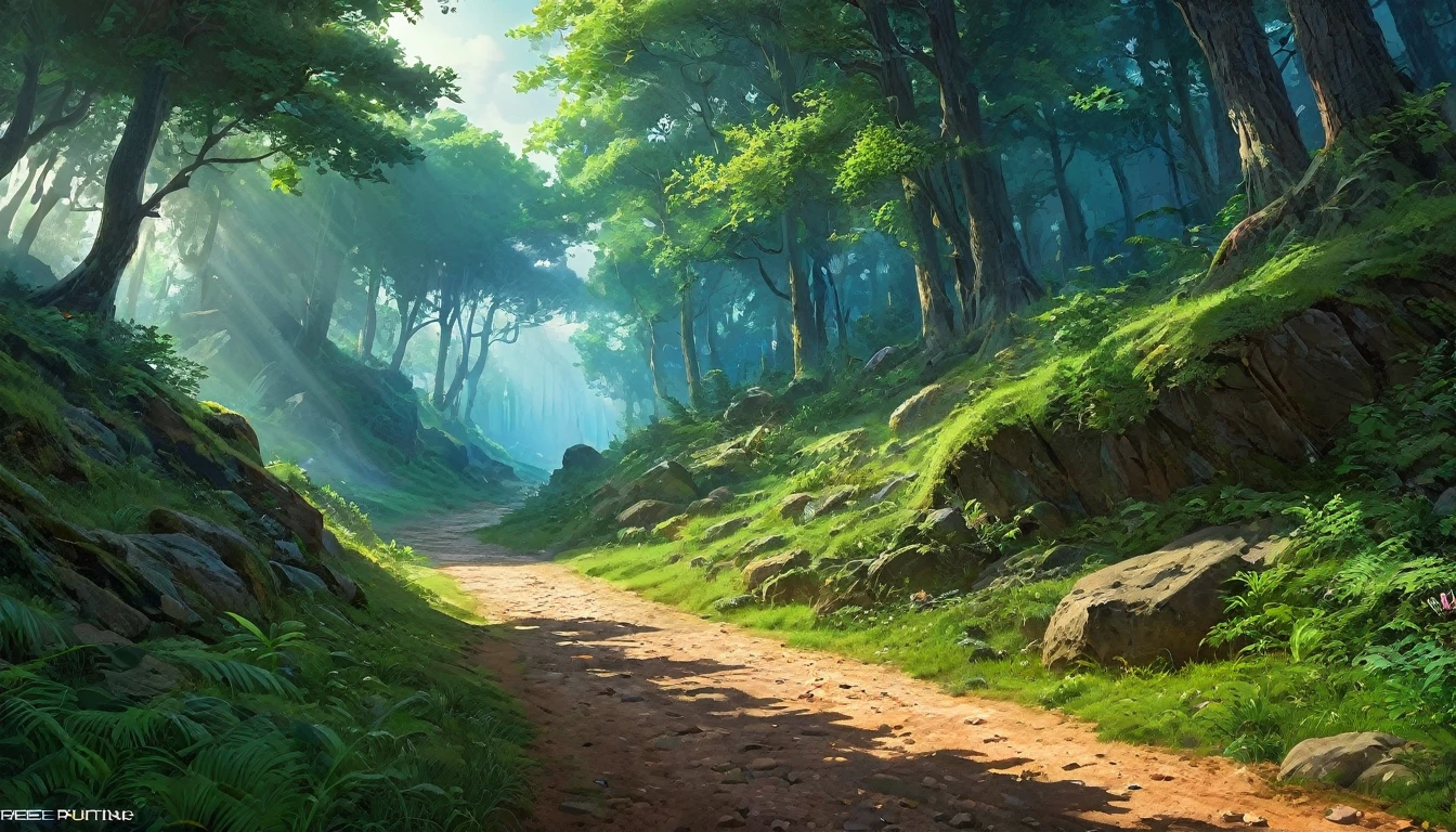 (anime, fantasy), (by Greg Rutkowski: 1.2), (masterpiece, best quality, high resolution, highly detailed, depth of filed, HDR:1.2), (a dirt road lead to a forest, forest entrance, large bushes, small boulders scattered, mysterious, dark hue), fantastical landscapes, vibrant colors, majestic, enchanted, magical atmosphere, beautiful, extremely detailed, intricate, delicate, serene fantasy, cinematic lighting, 8k, high quality