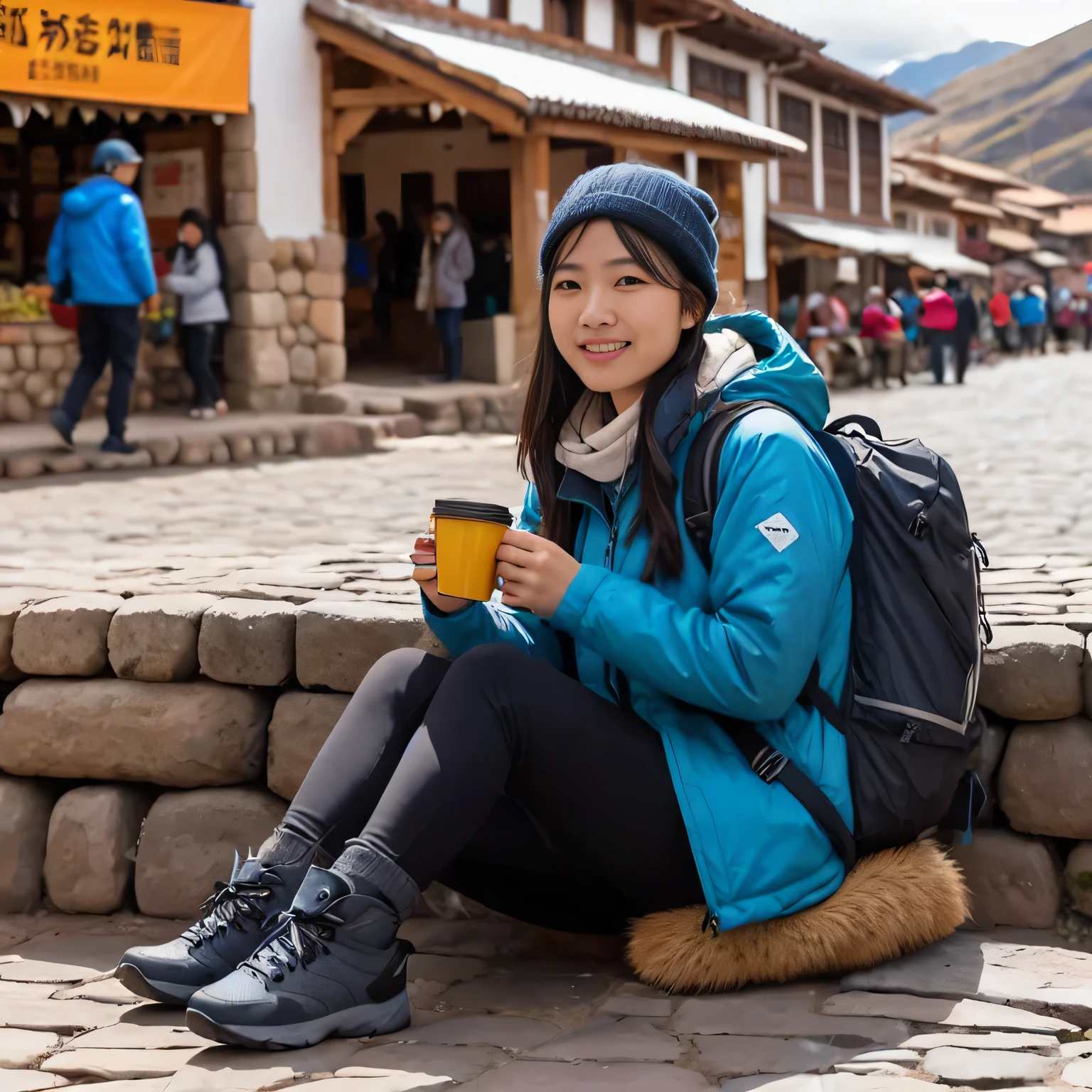 Street scenery, zoom in to One Japanese Girl mountaineer in hiking costume, snapshot focus at her face. she sit at the roadside kerb inside a circular courtyard, with backpack at her side, with both hand holding a coffee cup, at village near Cusco peru. She enjoying coffee & looking around, in a open courtyard full of food stalls, live stock market, groceries shops and cafes, messy narrow lanes and wetty cobblestone paved road, stone built pre-Columbian architecture surrounding, street full of crowd of native around. morning coffee, sunrise moment, dusky, dramatic back lighting, sunlight from back casting shadow. Anatomically correct, Textured skin, natural lighting, f/4mm, fujifilm G FUX 50R, Regina Display, Super Detail, Attention to detail, sharp facial detail, detailed eyes, detailed rough skin texture, emphasize the facial expression & remarkable deep facial wrinkles
