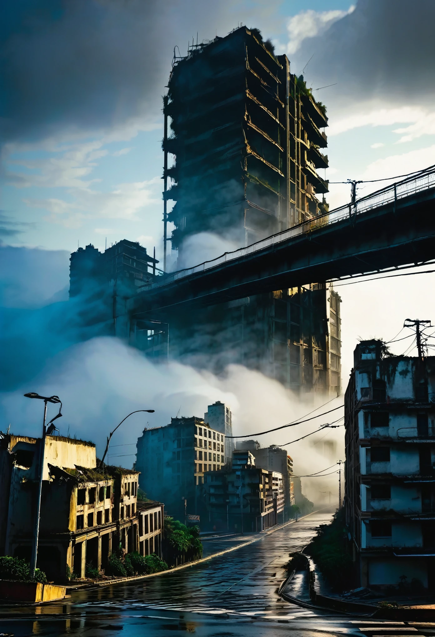 image of the view of a winding bridge BROKEN IN HALF IN HORIZONTAL between a tall tower in the center of a post-apocalyptic American CITY and another building, vision of the entire dark CITY, there is a reinforced concrete walkway connecting two buildings on the horizon, tem muitos cabos de energia pendurados na ponte E POSTES DE ILUMINACAO APAGADOS, fios de alta tensao caindo da ponte, THE CITY HAS BUILDINGS BROKEN IN HALF IN RUINS on the horizon, DIRTY AND TALL BUILDINGS ON THE SKYLINE AND EVERYWHERE, has smoky structures, carros abandonados nas ruas, megalopolis, tall buildings BROKEN IN HALF and collapsing to the ground, many destroyed buildings AND VIADUCTS around, sol da tarde, gray and dark sky, dark night in the sky, CHUVA, TEM UMA GAROTA VESTIDA COM CAPUZ ANDANDO NA RUA, as realistic as possible, As detailed as possible, as realistic as possible, ultra realismo