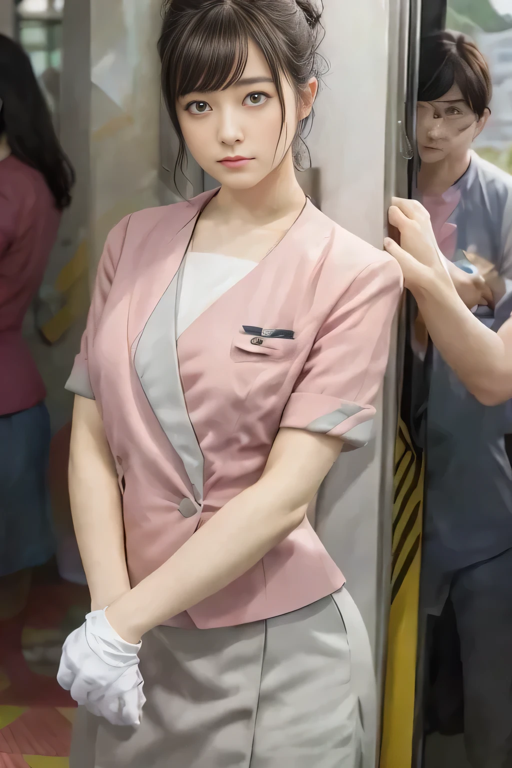 (masterpiece:1.2, Highest quality:1.2), 32k HDR, High resolution, (alone、1 girl)、 (Height: 160cm)、(On the rooftop of a building in the daytime、Professional Lighting)、Building rooftop background、(Nankai train crew uniform pinkを着たリアルスタイル)、(Nankai train crew uniform pink short sleeve collarless pink jacket、Nankai Train Crew Uniform Pink Collarless Short Sleeve Blouse、Nankai Train Crew Uniform Pink Grey Knee-length Culottes)、(The pink jacket is showing from the culottes.)、Dark brown hair、(Hair tied up、Hair tied up、Evening curly hairstyle)、Dark brown hair、Long Shot、Big Breasts、Thin legs、((Great hands:2.0)),((Harmonious body proportions:1.5)),((Normal limbs:2.0)),((Normal finger:2.0)),((Delicate eyes:2.0)),((Normal eyes:2.0)))、smile、(Nankai Train Crew Uniform Pink Grey Knee-length Culottesを見せた美しい歩く姿)、Place your hands around your stomach、Lanyard employee ID card