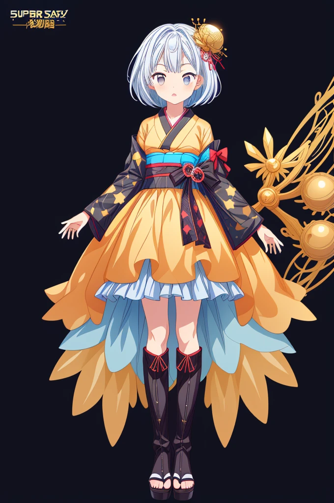 (((1girl)))、Star Fairy、vtuber-halfbody、(((highest quality、Masterpiece、The best composition、Golden Ratio、Official Art、Super detailed、Super detailedな目)))、ultra detailed, from front, headshot、 blue and white hair color、Short bangs above eyebrows、Short Hair、Standing in front of the viewer、Kimono and Gothic Lolita remakes of galaxy-patterned clothing、Knee-high boots、Pure white simple background、
