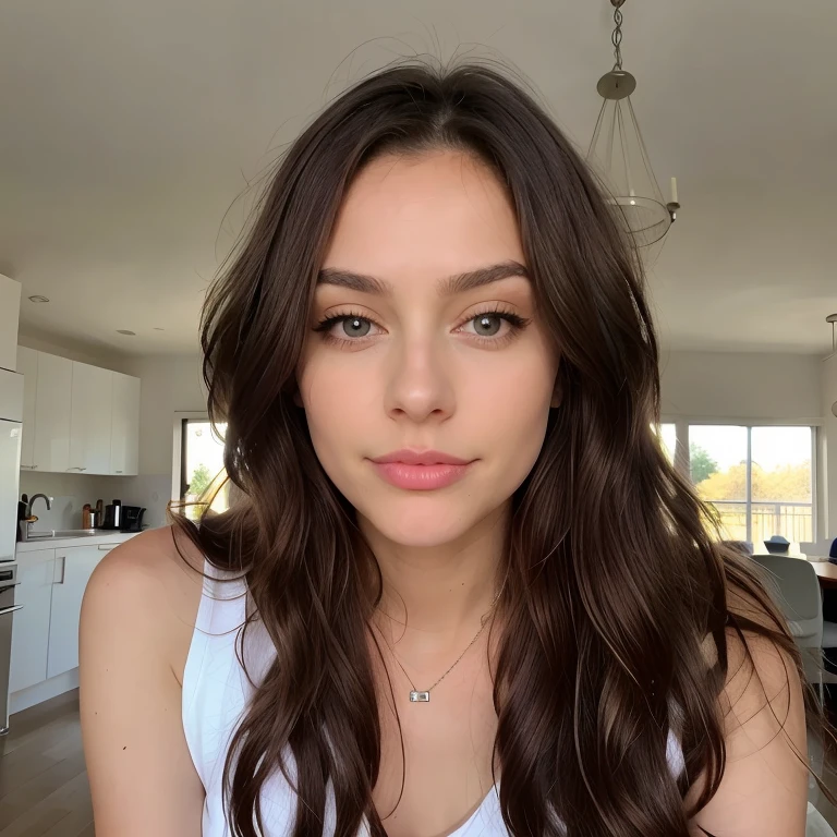 1 femme, long, wavy hair, dark brown eyes, seins moyens, avec chemisier blanc, prise de photo debout, biting lips, Sensuel
