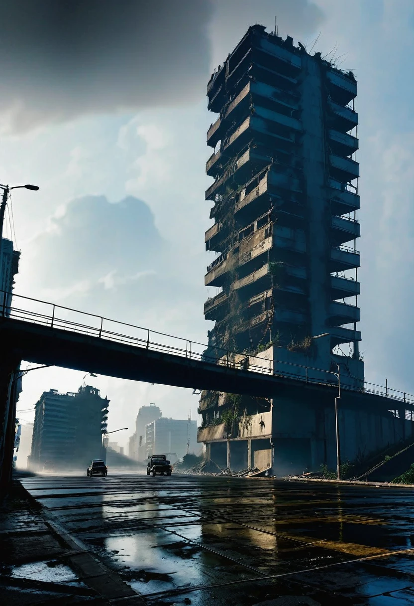 image of the view of a winding bridge BROKEN IN HALF IN HORIZONTAL between a tall tower in the center of a post-apocalyptic American CITY and another building, vision of the entire dark CITY, there is a reinforced concrete walkway connecting two buildings on the horizon, tem muitos cabos de energia pendurados na ponte E POSTES DE ILUMINACAO APAGADOS, fios de alta tensao caindo da ponte, THE CITY HAS BUILDINGS BROKEN IN HALF IN RUINS on the horizon, DIRTY AND TALL BUILDINGS ON THE SKYLINE AND EVERYWHERE, has LIGHTLY smoky structures WITH FIRE, carros abandonados nas ruas, megalopolis, tall buildings BROKEN IN HALF and collapsing to the ground, many destroyed buildings AND VIADUCTS around, sol da tarde, gray and dark sky, dark night in the sky, CHUVA, TEM UMA GAROTA VESTIDA COM CAPUZ ANDANDO NA RUA, as realistic as possible, As detailed as possible, as realistic as possible, ultra realismo